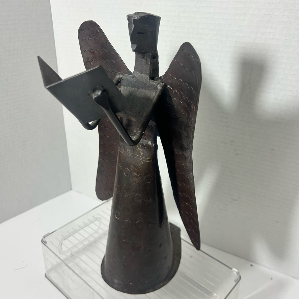 Vintage Christmas Holiday Brutalist Rustic Forged Metal Angel Etched Sculpture